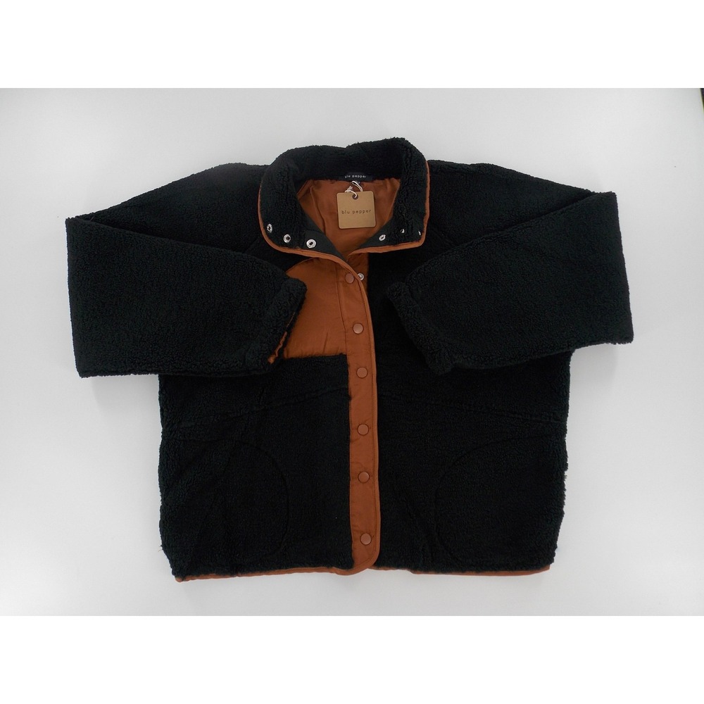 Blu Pepper Fleece Jacket Women L Black NWT Teddy Sherpa Snap Front Contrast Trim - Picture 4 of 4